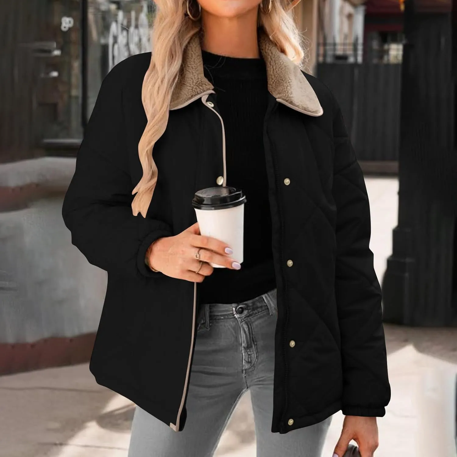 Womens Quilted Jackets Lightweight Fashion Fur Lapel Zip Button Long Sleeve Puffer Down Winter Warm Casual Jacket
