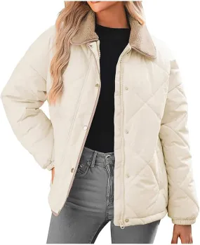 Womens Quilted Jackets Lightweight Fashion Fur Lapel Zip Button Long Sleeve Puffer Down Winter Warm Casual Jacket