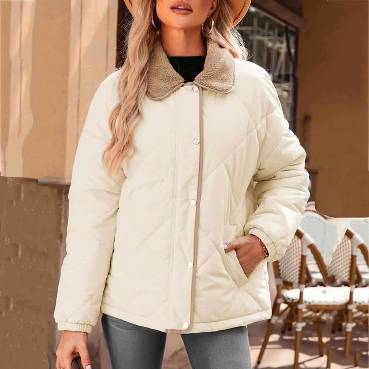 Womens Quilted Jackets Lightweight Fashion Fur Lapel Zip Button Long Sleeve Puffer Down Winter Warm Casual Jacket