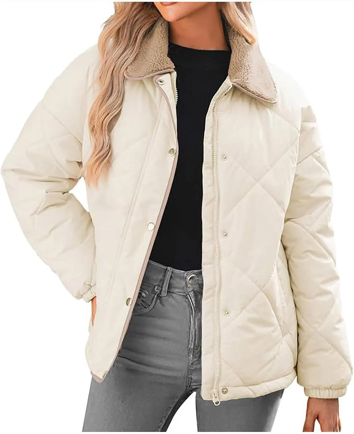 Womens Quilted Jackets Lightweight Fashion Fur Lapel Zip Button Long Sleeve Puffer Down Winter Warm Casual Jacket