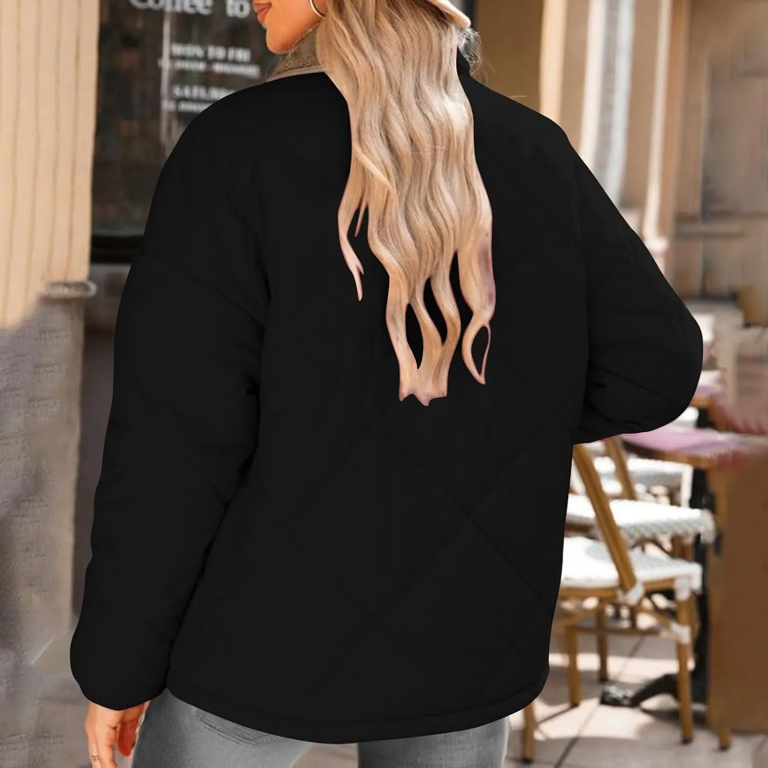 Womens Quilted Jackets Lightweight Fashion Fur Lapel Zip Button Long Sleeve Puffer Down Winter Warm Casual Jacket