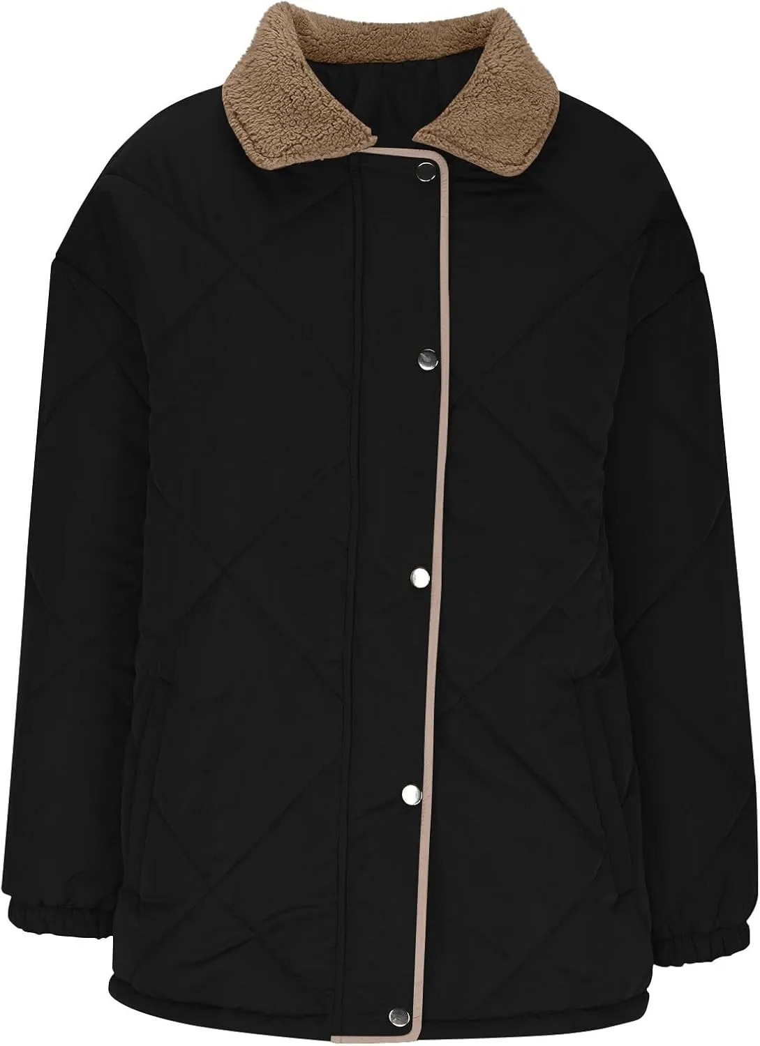 Womens Quilted Jackets Lightweight Fashion Fur Lapel Zip Button Long Sleeve Puffer Down Winter Warm Casual Jacket