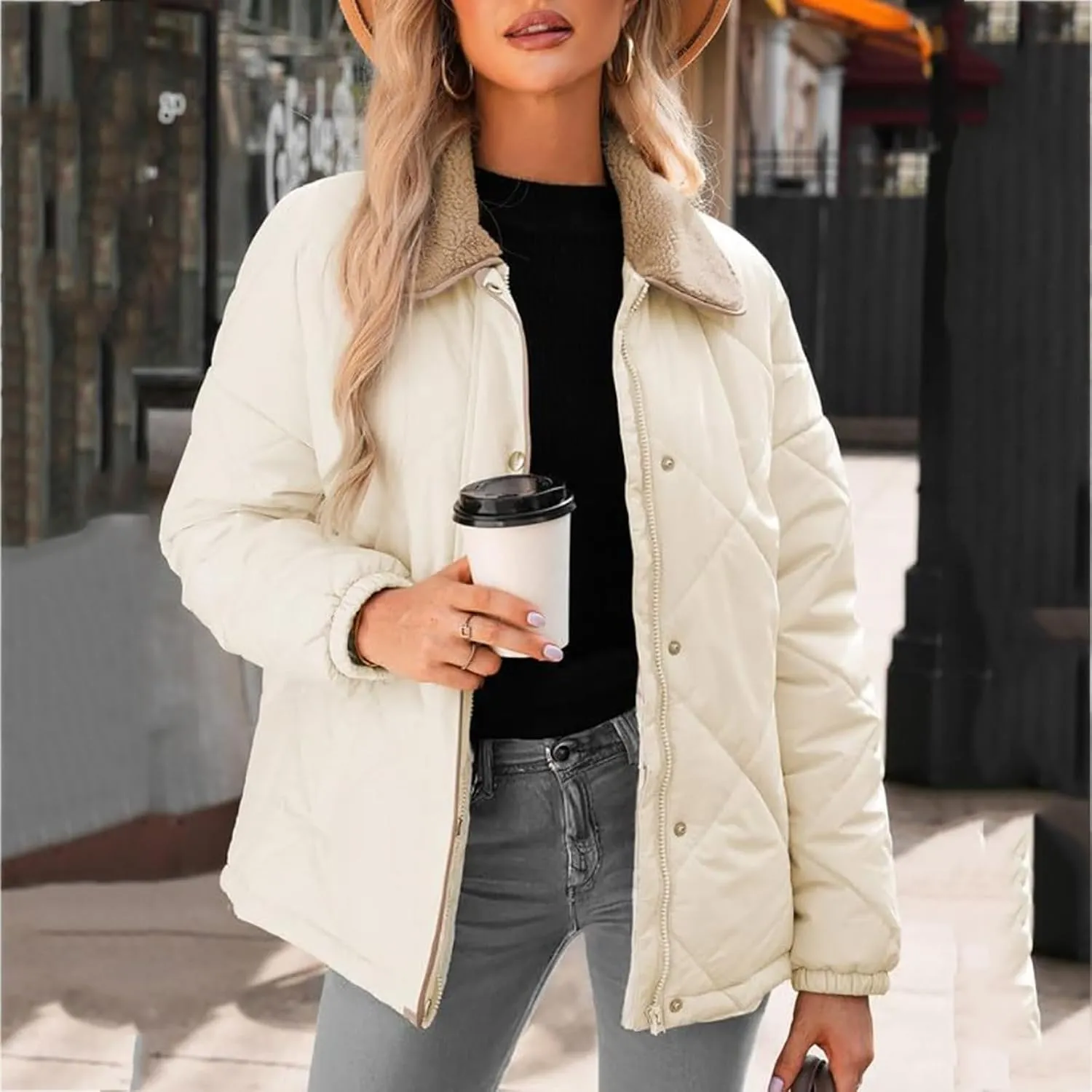 Womens Quilted Jackets Lightweight Fashion Fur Lapel Zip Button Long Sleeve Puffer Down Winter Warm Casual Jacket
