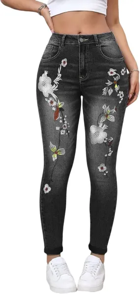 Women's Stretch Embroidery Washed Jeans Slim Fit Floral Skinny Small Foot Jeans Pocket Floral Skinny Jeans