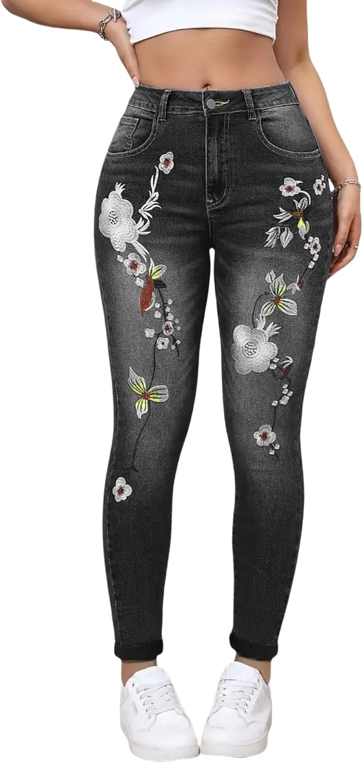 Women's Stretch Embroidery Washed Jeans Slim Fit Floral Skinny Small Foot Jeans Pocket Floral Skinny Jeans