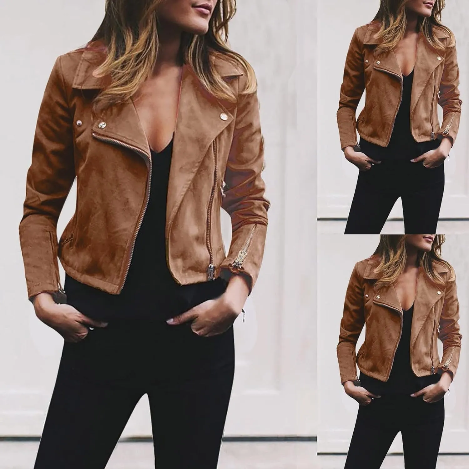 Zip Up Jacket for Women Long Sleeve Notched Lapel Plus Size Motorcycle Coats Fall Winter Y2K Cool Jacket S-5XL