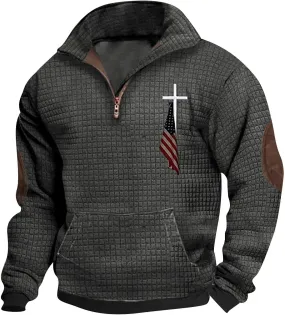 ZYXTIM Men Waffle Sweatshirts Quarter Zip Long Sleeve Stand Collar USA Flag Patriotic Shirts Tactical Military Army Shirts