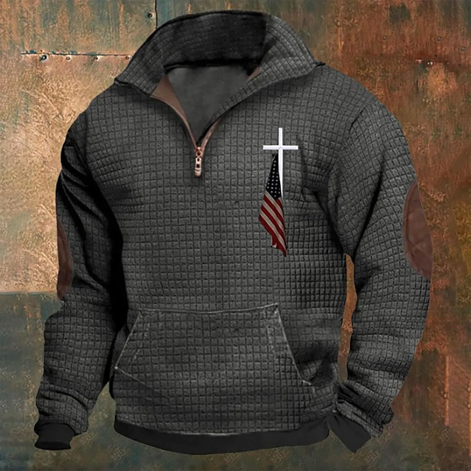 ZYXTIM Men Waffle Sweatshirts Quarter Zip Long Sleeve Stand Collar USA Flag Patriotic Shirts Tactical Military Army Shirts