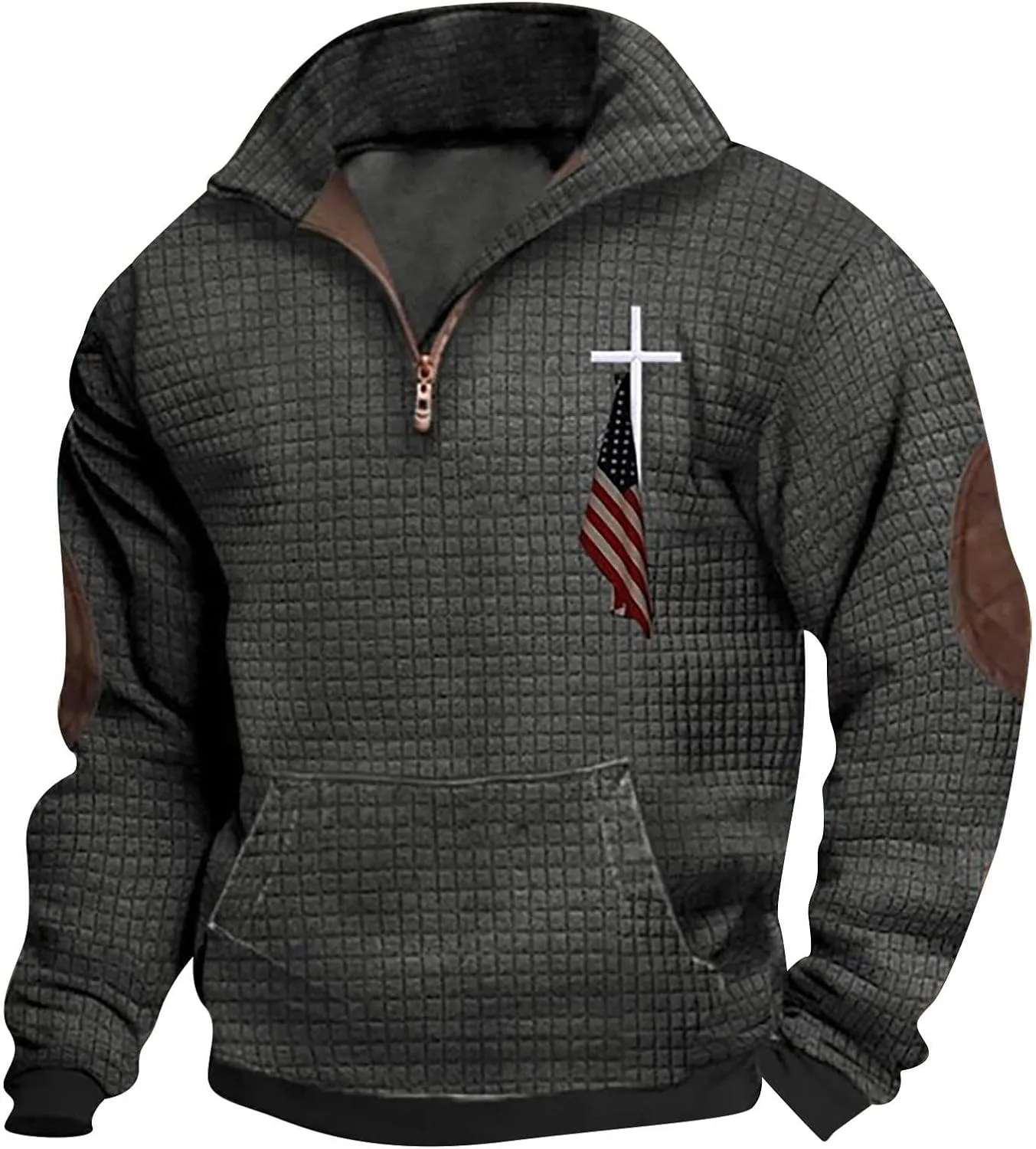 ZYXTIM Men Waffle Sweatshirts Quarter Zip Long Sleeve Stand Collar USA Flag Patriotic Shirts Tactical Military Army Shirts